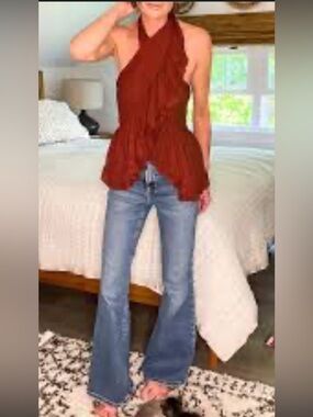 Free people blissful layering tee Rust Red Ruffled Halter Top Sz Sm NWT